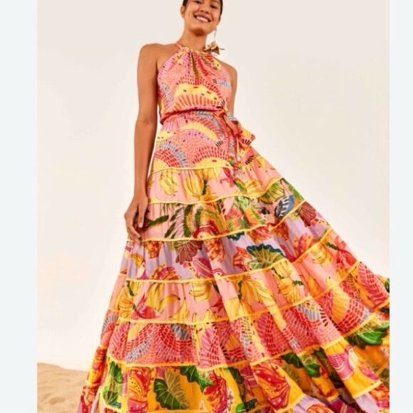 FARM Rio Dresses & Skirts - NEW FARM Rio Mixed Pink Prints Maxi Dress Fruit Tiered Crossback Belt Size L